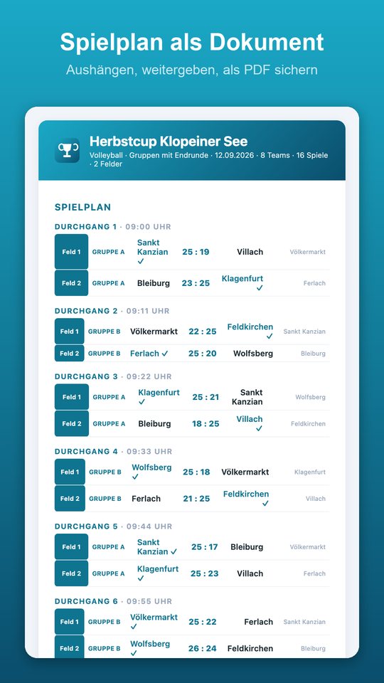 Spielplan als gestaltetes Dokument zum Aushängen